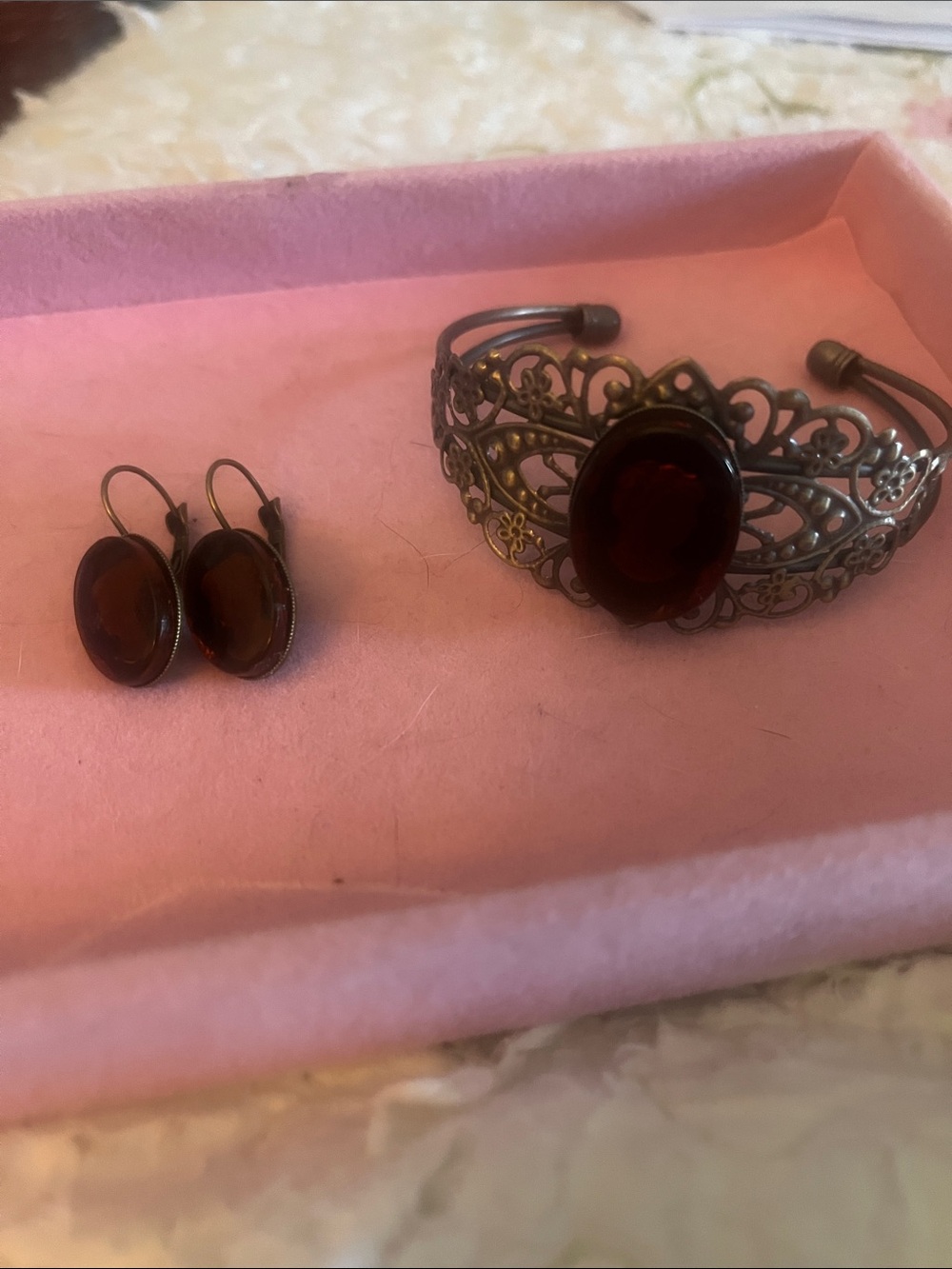 Amber Colored Glass Intaglio Cameo Cuff Bracelet and Earrings Set